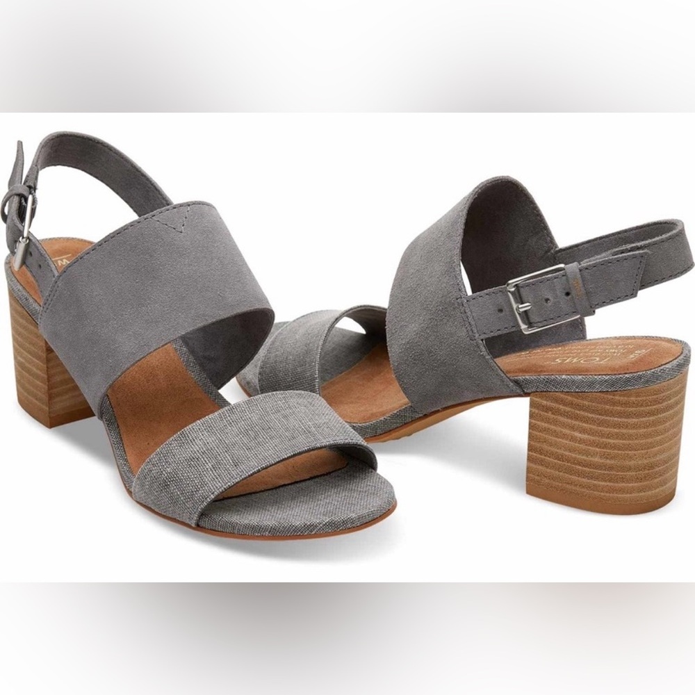 Toms Poppy Gray Suede & Linen Strappy Block Heel Sandals